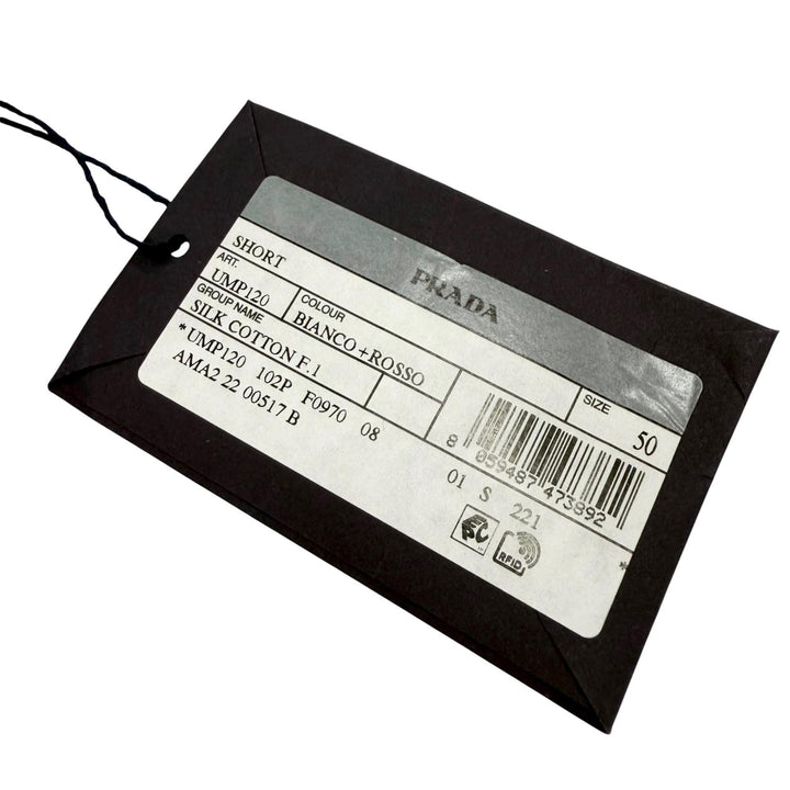 極美品▼PRADA プラダ 2022年製 UMP120 S221 102P シルク コットン ボーダー柄 ショートパンツ レッド ベージュ 50 伊製 正規品 メンズ