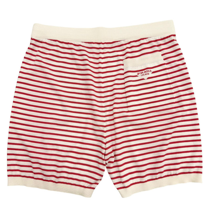 極美品▼PRADA プラダ 2022年製 UMP120 S221 102P シルク コットン ボーダー柄 ショートパンツ レッド ベージュ 50 伊製 正規品 メンズ