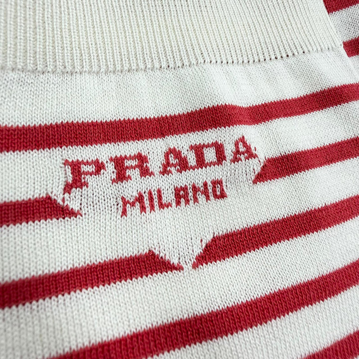 極美品▼PRADA プラダ 2022年製 UMP120 S221 102P シルク コットン ボーダー柄 ショートパンツ レッド ベージュ 50 伊製 正規品 メンズ