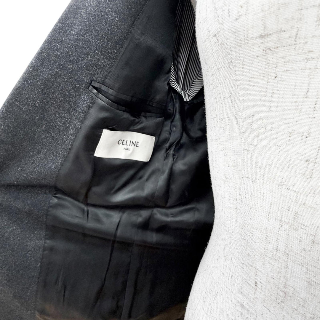 極美品△CELINE セリーヌ 2V58I561F カシミヤ100% 金ボタン シングル テーラードジャケット チャコールグレー 36 伊製 正規品 レディース