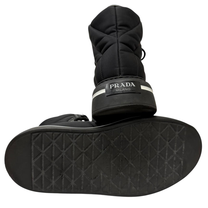 美品□PRADA プラダ 2TG183 レザー使い トライアングルロゴ Re-Nylon ハイカットスニーカー ブラック 8 イタリア製 メンズ 保存袋付き