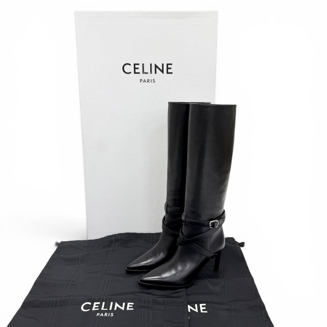 極美品△CELINE セリーヌ 351363314C.38NO ベルヌイユ ハイ ブーツ ベルト付き ポインテッドトゥ レザー ロングブーツ ブラック 36 伊製