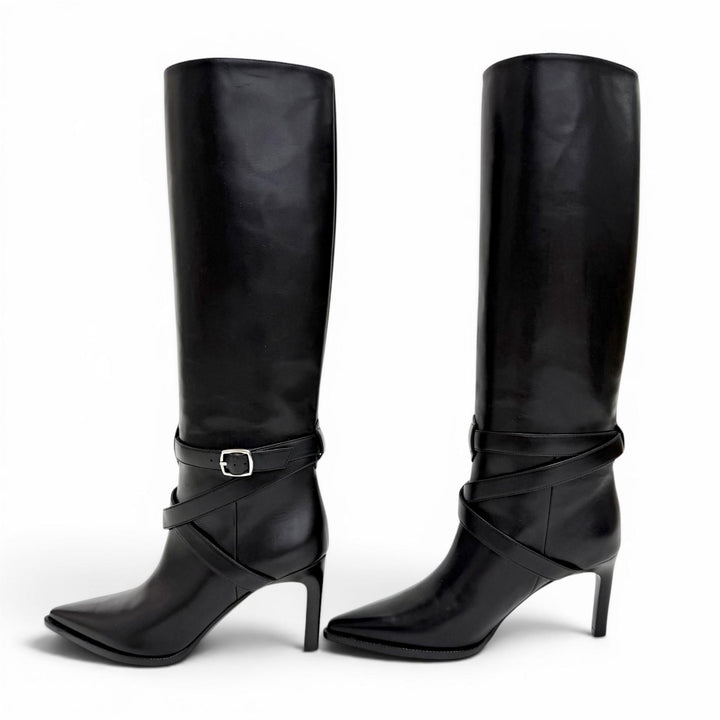 極美品△CELINE セリーヌ 351363314C.38NO ベルヌイユ ハイ ブーツ ベルト付き ポインテッドトゥ レザー ロングブーツ ブラック 36 伊製