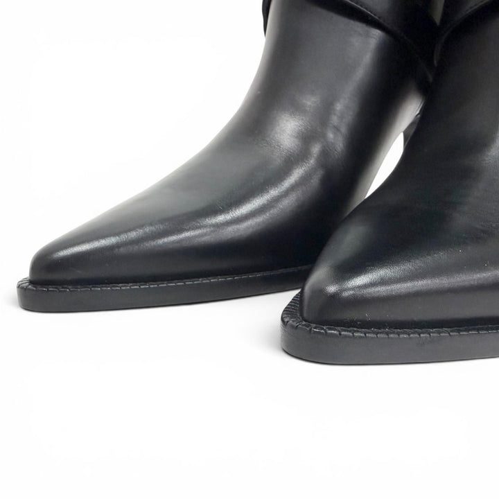 極美品△CELINE セリーヌ 351363314C.38NO ベルヌイユ ハイ ブーツ ベルト付き ポインテッドトゥ レザー ロングブーツ ブラック 36 伊製