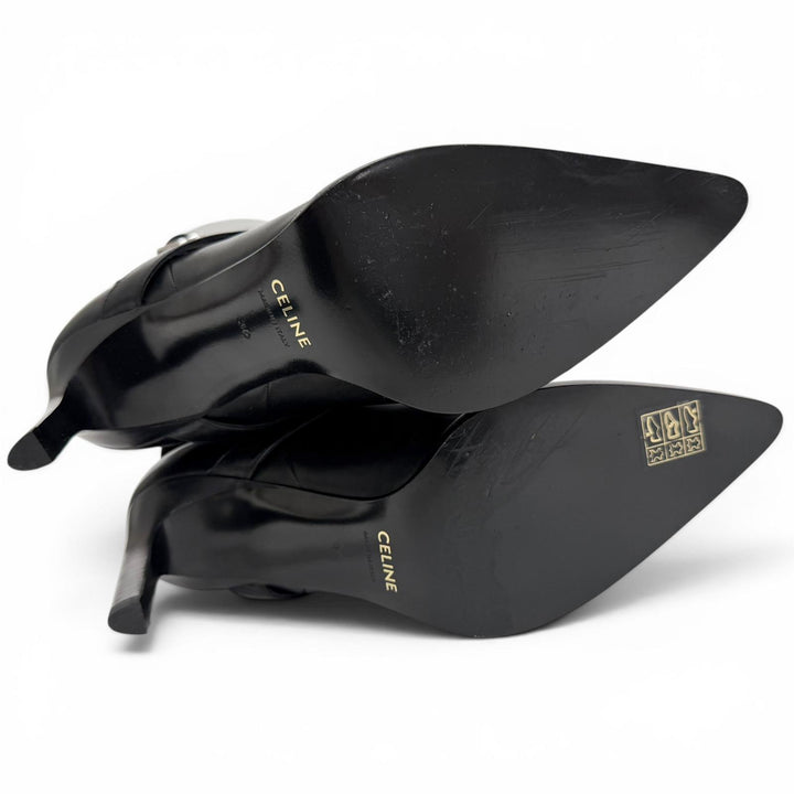極美品△CELINE セリーヌ 351363314C.38NO ベルヌイユ ハイ ブーツ ベルト付き ポインテッドトゥ レザー ロングブーツ ブラック 36 伊製