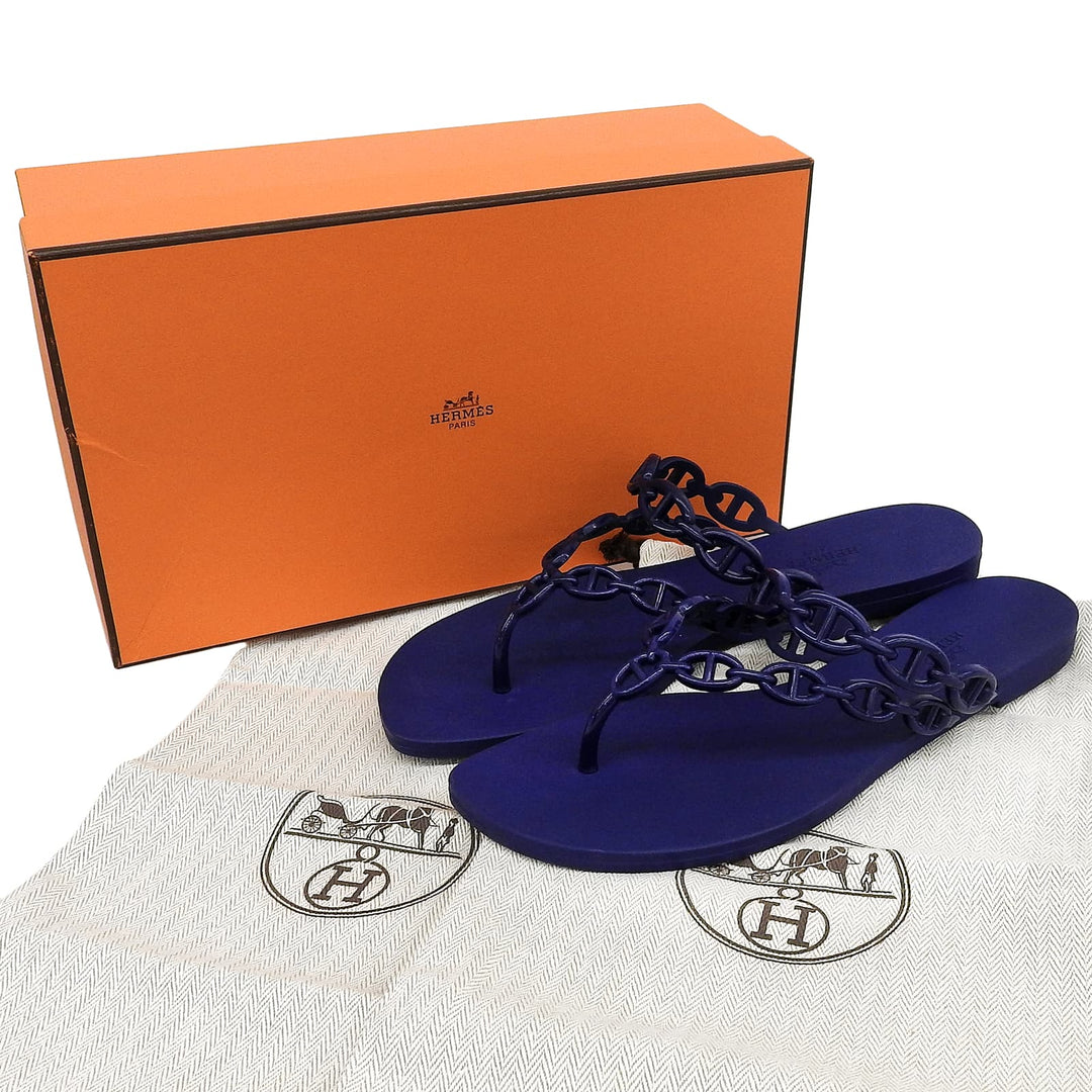 美品▲HERMES エルメス 241051Z アイランド シェーヌダンクル ラバー サンダル ネイビー 38 イタリア製 レディース 箱・保存袋付き