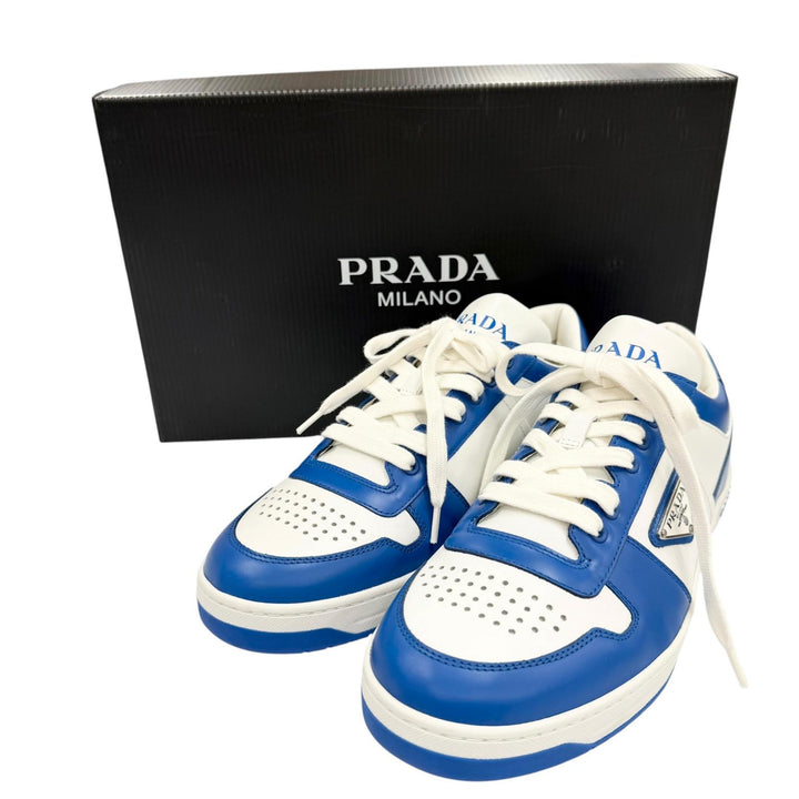 極美品▼PRADA プラダ 2EE364 レザー トライアングルロゴ 三角プレート ローカットスニーカー ブルー ホワイト 5 イタリア製 メンズ 箱付