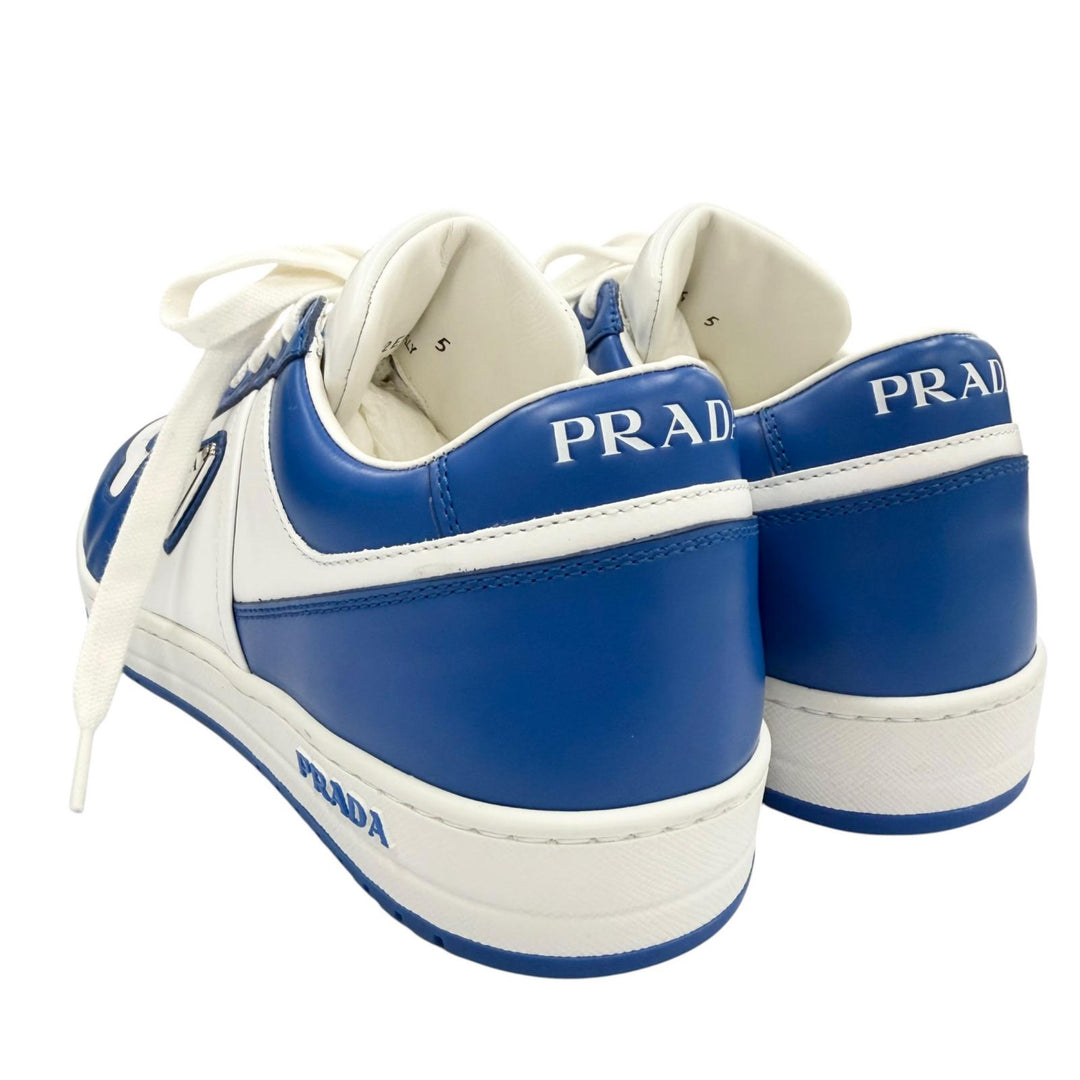 極美品▼PRADA プラダ 2EE364 レザー トライアングルロゴ 三角プレート ローカットスニーカー ブルー ホワイト 5 イタリア製 メンズ 箱付