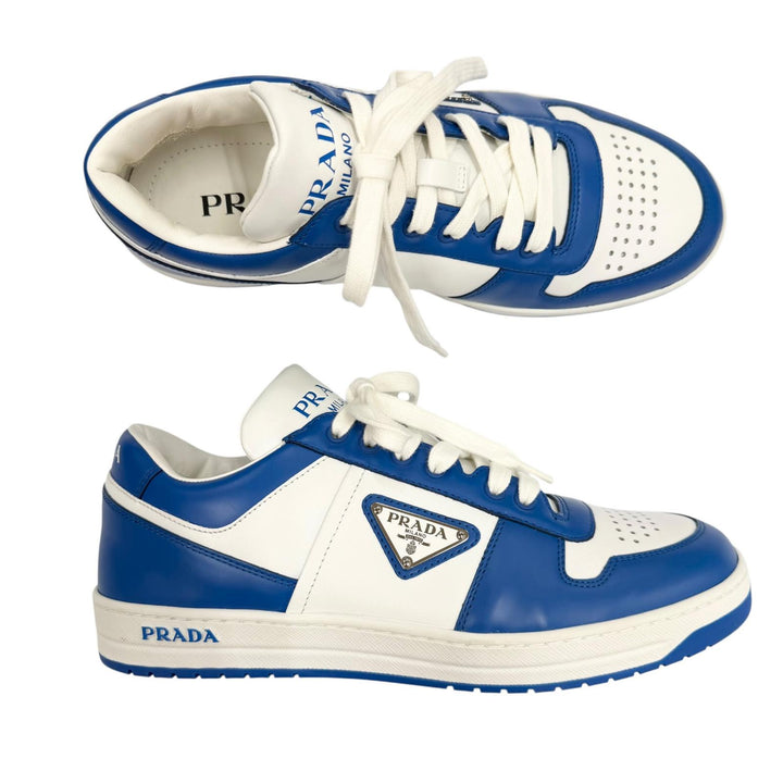 極美品▼PRADA プラダ 2EE364 レザー トライアングルロゴ 三角プレート ローカットスニーカー ブルー ホワイト 5 イタリア製 メンズ 箱付