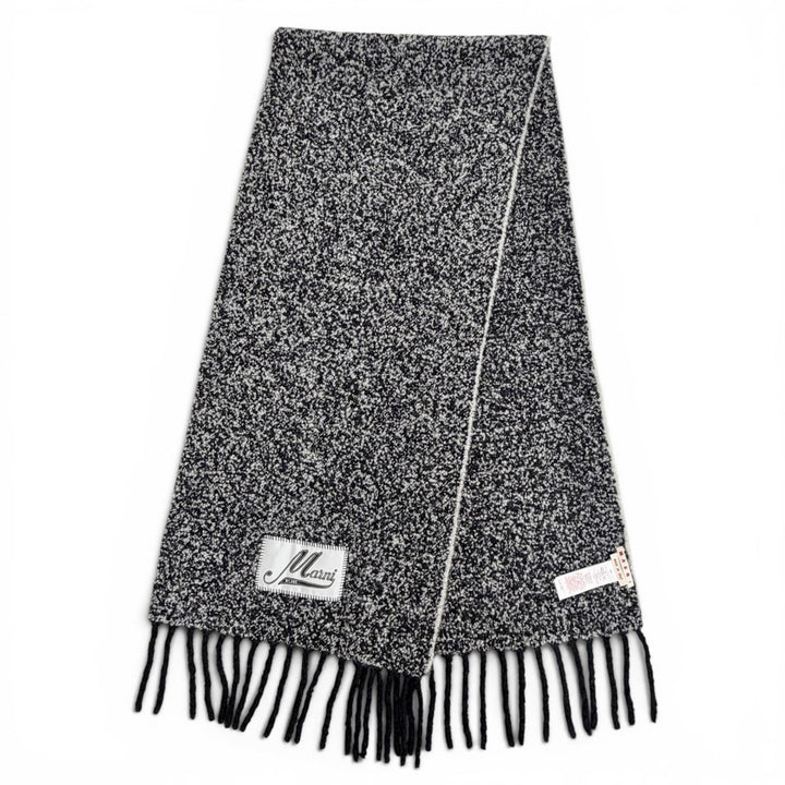 極美品△MARNI マルニ 25AW SCMC0145Y0 アルパカ ロゴワッペン ブークレ織り フリンジ ロング マフラー ブラック ホワイト 伊製 正規品