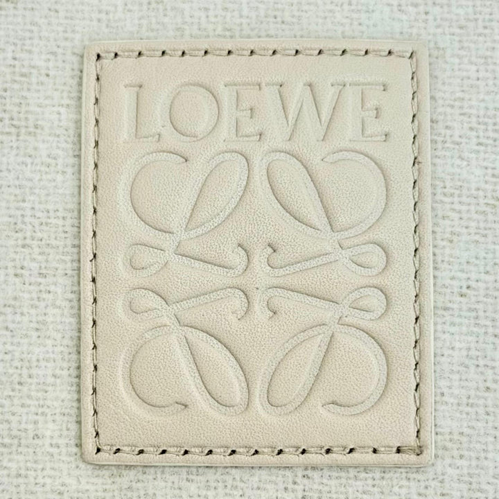 極美△LOEWE ロエベ ウール カシミヤ アナグラムロゴレザーパッチ フリンジ マフラー アイボリー ベージュ イギリス製 正規品 レディース