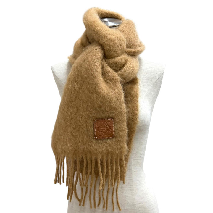 極美品★LOEWE ロエベ モヘア ウール混 アナグラムレザーパッチ付 フリンジ マフラー ストール ブラウン スペイン製 正規品 レディース