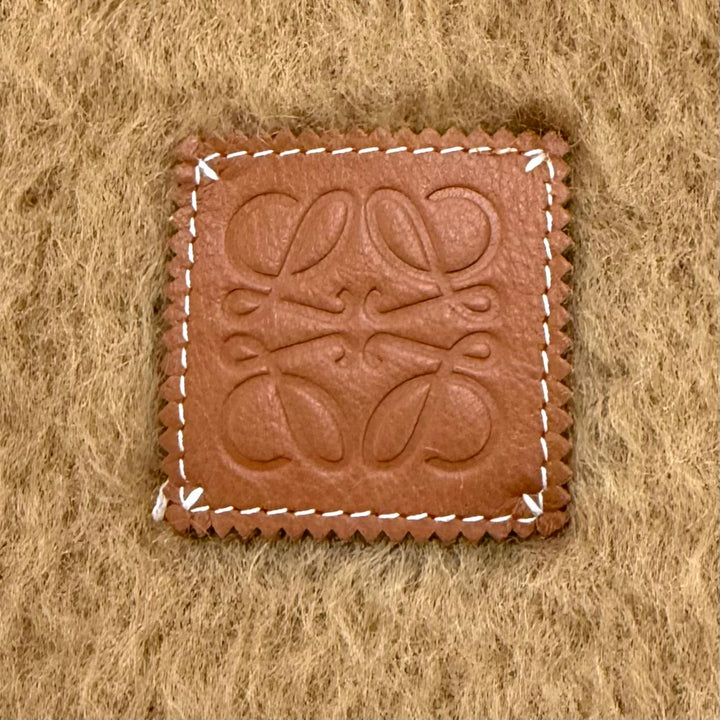 極美品★LOEWE ロエベ モヘア ウール混 アナグラムレザーパッチ付 フリンジ マフラー ストール ブラウン スペイン製 正規品 レディース