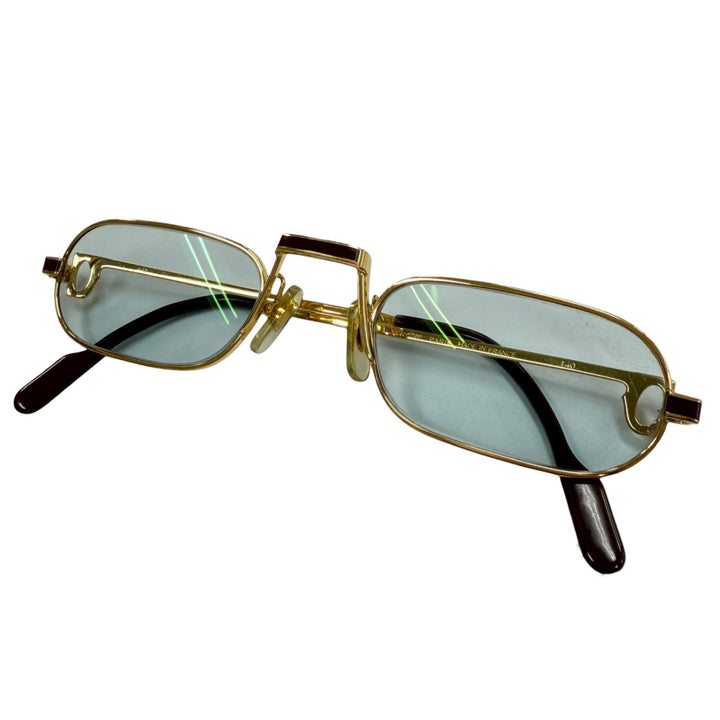 美品▼Cartier カルティエ ヴィンテージ スクエア ロゴ金具 アイウェア サングラス ゴールド ボルドー レンズ：ブルー 50□24 140 度入り
