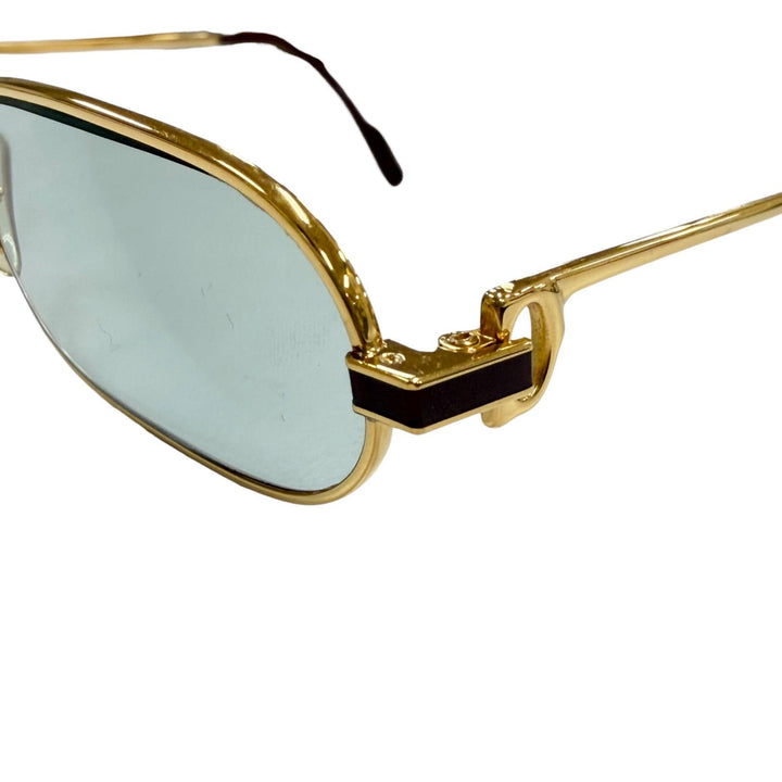 美品▼Cartier カルティエ ヴィンテージ スクエア ロゴ金具 アイウェア サングラス ゴールド ボルドー レンズ：ブルー 50□24 140 度入り