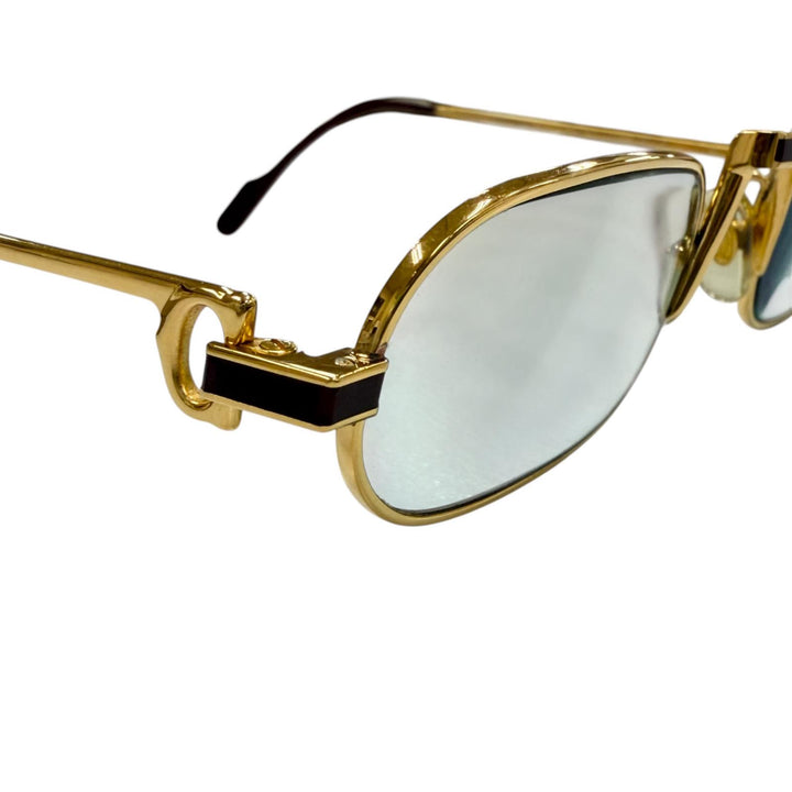 美品▼Cartier カルティエ ヴィンテージ スクエア ロゴ金具 アイウェア サングラス ゴールド ボルドー レンズ：ブルー 50□24 140 度入り