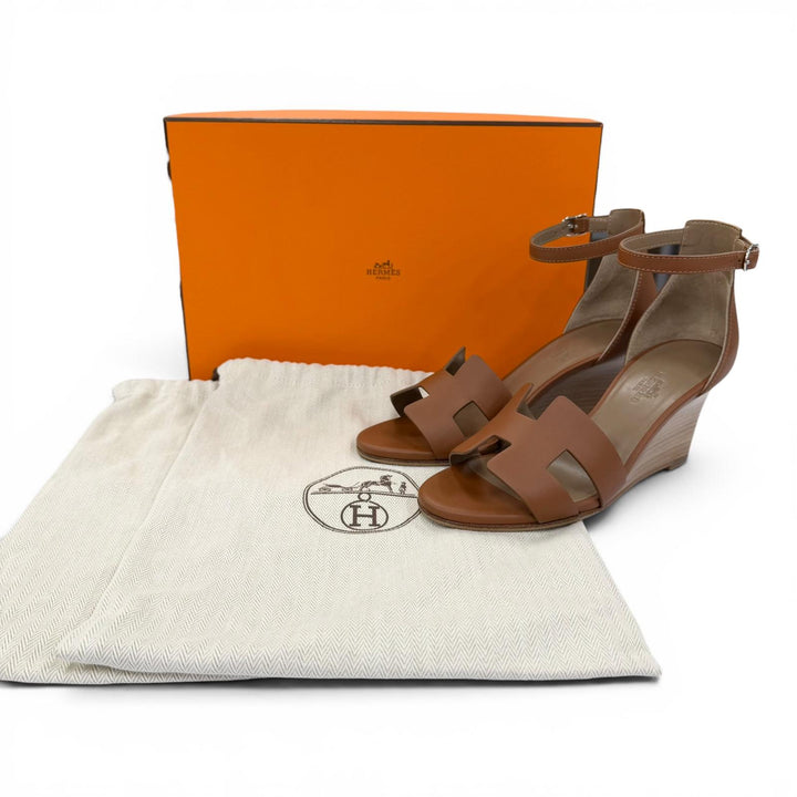 極美品☆HERMES エルメス レジェンド カーフレザー ゴールド アンクルストラップ ウェッジヒール サンダル 35 イタリア製 箱・保存袋付き