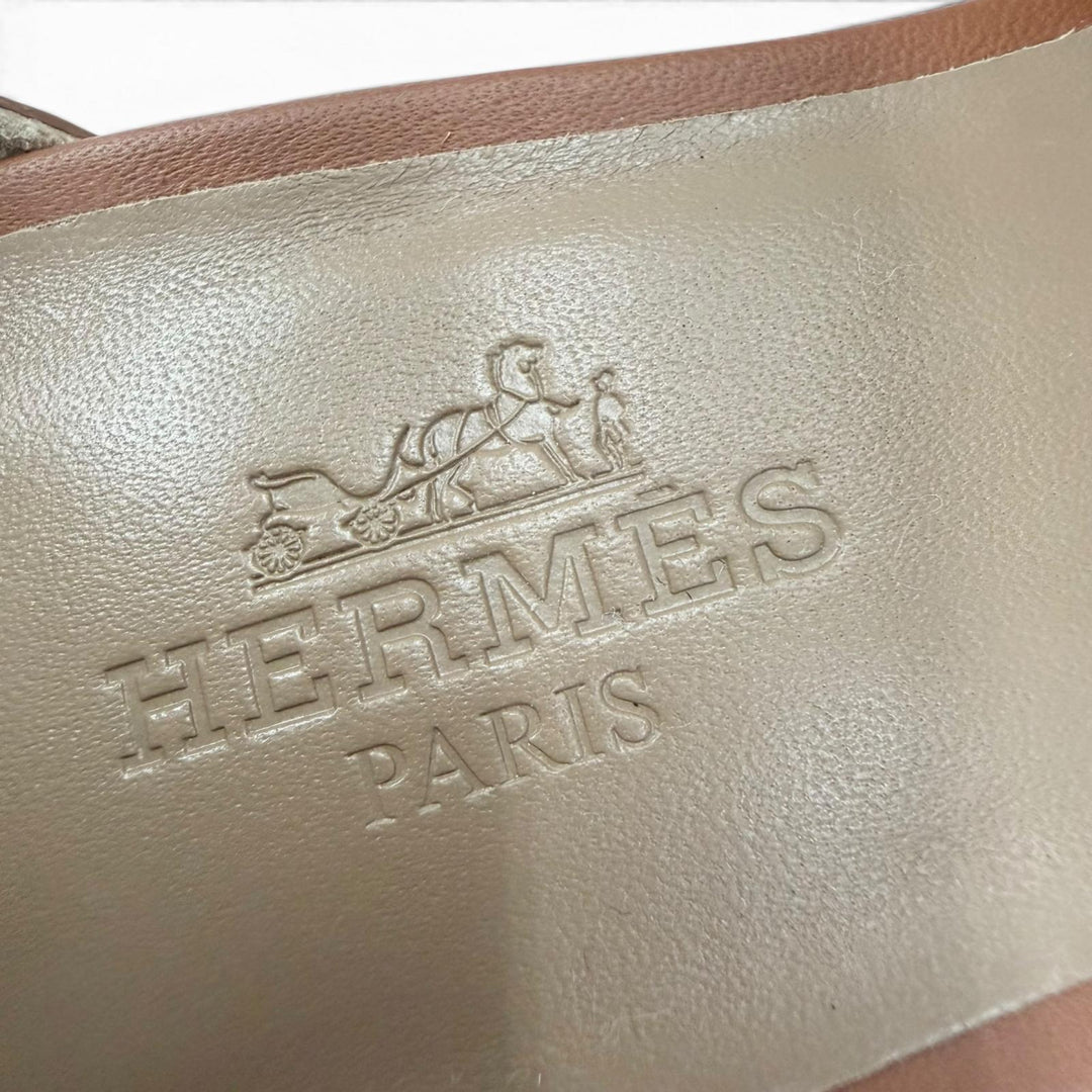 極美品☆HERMES エルメス レジェンド カーフレザー ゴールド アンクルストラップ ウェッジヒール サンダル 35 イタリア製 箱・保存袋付き