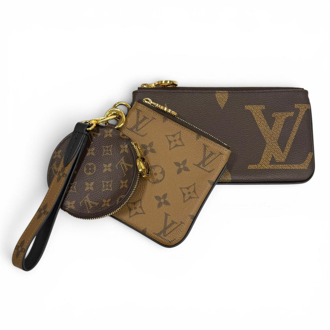 極美品★LOUIS VUITTON ルイヴィトン M68756 モノグラム ジャイアント リバース レザー ポシェット トリオ ブラウン フランス製 保存袋付