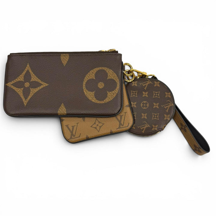 極美品★LOUIS VUITTON ルイヴィトン M68756 モノグラム ジャイアント リバース レザー ポシェット トリオ ブラウン フランス製 保存袋付