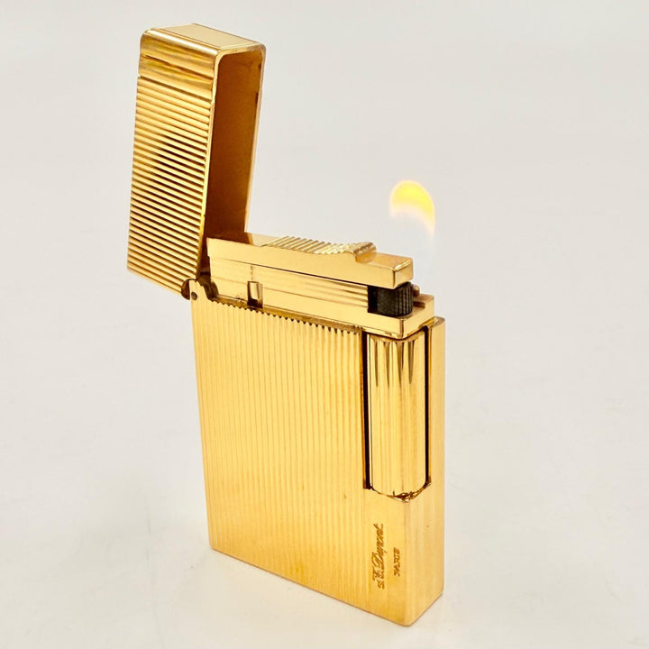 極美品◇Dupont デュポン ギャッツビー ストライプ ロゴ刻印 ローラー式 ガスライター ゴールド フランス製 メンズ 着火確認済 ケース付