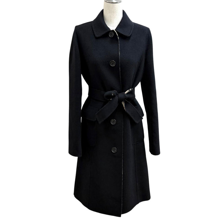 美品★BURBERRY LONDON バーバリーロンドン ウール カシミヤ混 ロゴボタン付 裏地ノバチェック柄 ベルトテッドコート ブラック 36 正規品