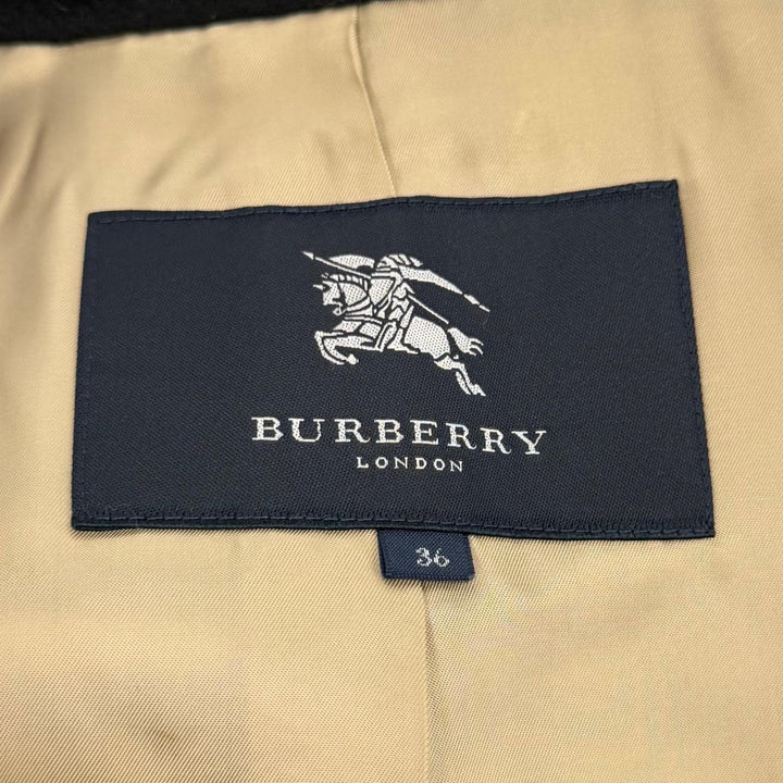 美品★BURBERRY LONDON バーバリーロンドン ウール カシミヤ混 ロゴボタン付 裏地ノバチェック柄 ベルトテッドコート ブラック 36 正規品