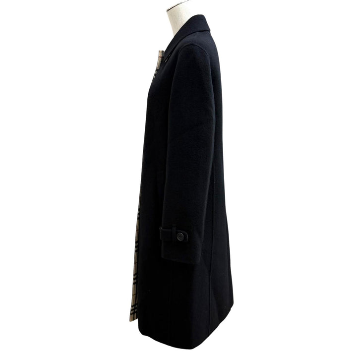 美品★BURBERRY LONDON バーバリーロンドン FN056-051-09 ウール カシミヤ混 ロゴボタン 裏地ノバチェック柄 コート ブラック 38 正規品