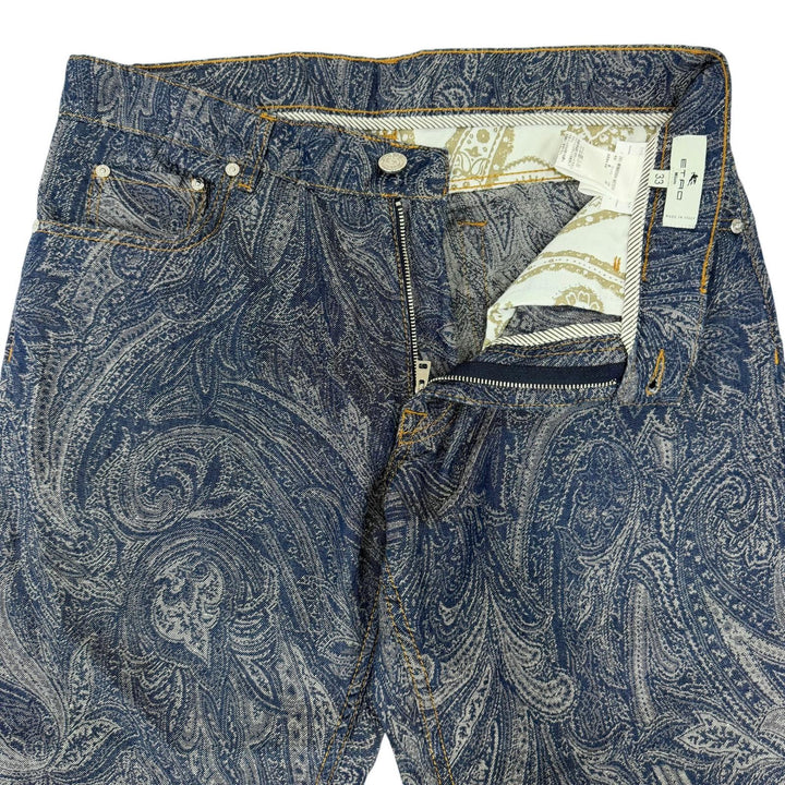 極美品□ETRO エトロ 24SS コットン リネン ペイズリージャガード デニムパンツ ジーンズ インディゴブルー 33 イタリア製 正規品 メンズ