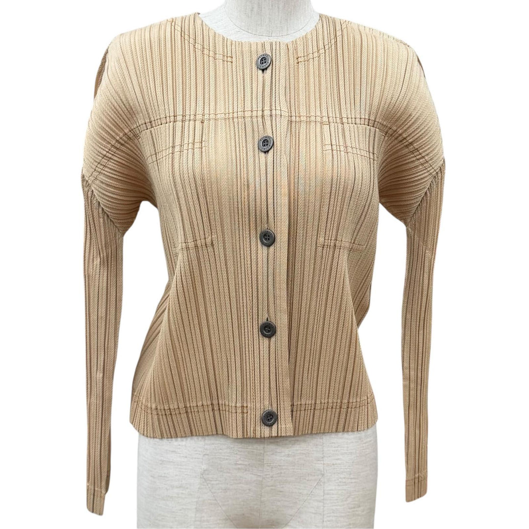 美品★PLEATS PLEASE プリーツプリーズ イッセイミヤケ 25SS PP51JC602 ロゴボタン付き DENIM カーディガン ベージュ 3 日本製 正規品