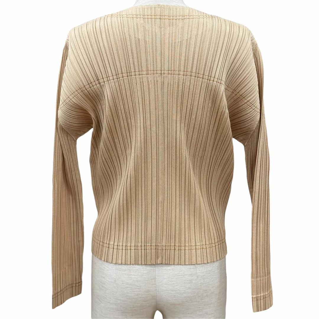 美品★PLEATS PLEASE プリーツプリーズ イッセイミヤケ 25SS PP51JC602 ロゴボタン付き DENIM カーディガン ベージュ 3 日本製 正規品