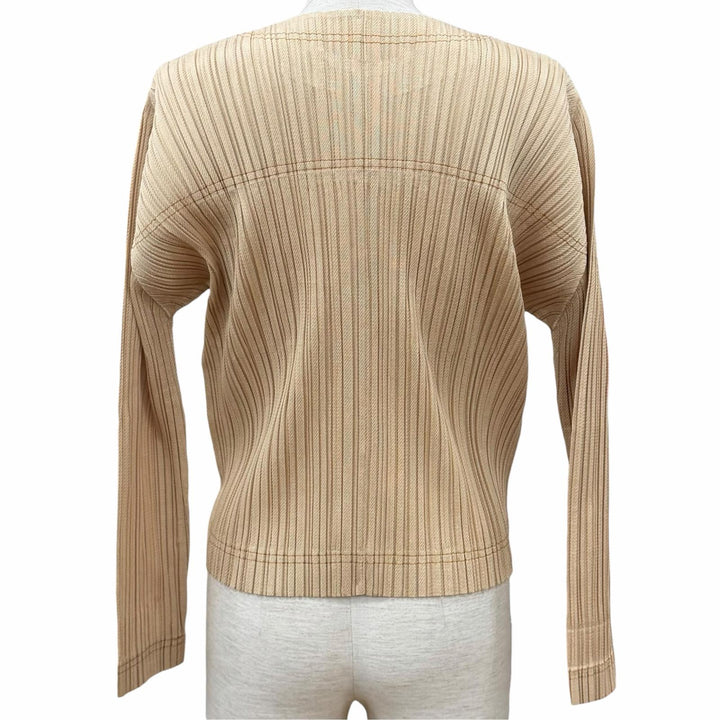 美品★PLEATS PLEASE プリーツプリーズ イッセイミヤケ 25SS PP51JC602 ロゴボタン付き DENIM カーディガン ベージュ 3 日本製 正規品