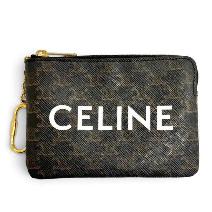 美品△CELINE セリーヌ トリオンフキャンバス マカダム柄 キーチェーン付き ZIP コインケース ブラウン ゴールド金具 伊製 レディース