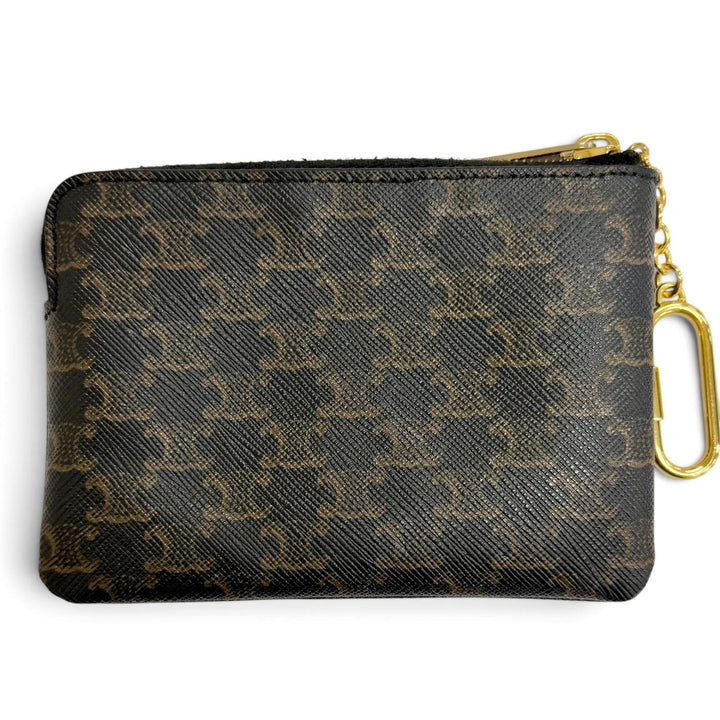 美品△CELINE セリーヌ トリオンフキャンバス マカダム柄 キーチェーン付き ZIP コインケース ブラウン ゴールド金具 伊製 レディース