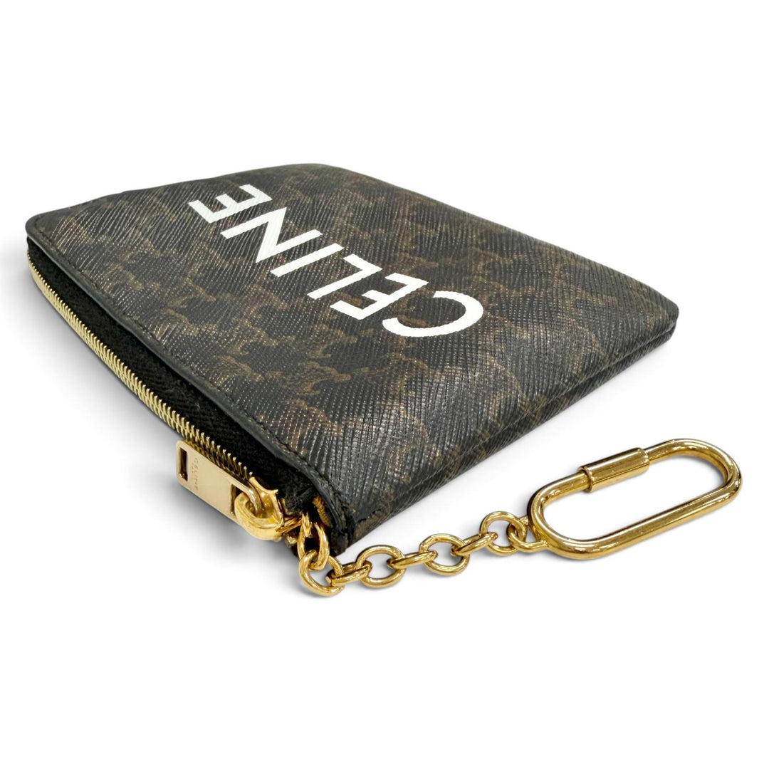 美品△CELINE セリーヌ トリオンフキャンバス マカダム柄 キーチェーン付き ZIP コインケース ブラウン ゴールド金具 伊製 レディース