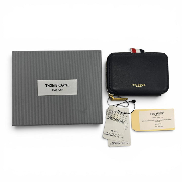 未使用品☆THOM BROWNE トムブラウン ジップアラウンド ウォレット レザー ペブルグレイン コインケース ダークネイビー イタリア製 箱付