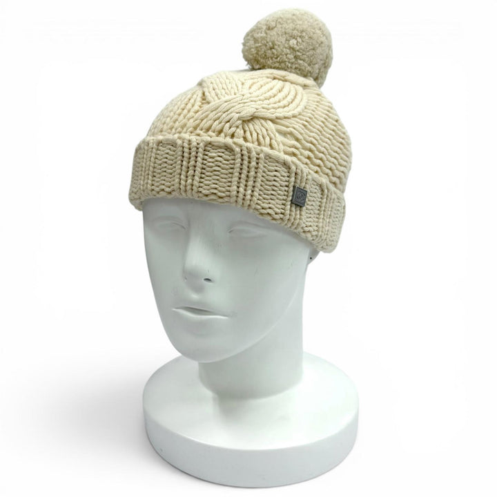 美品★CHANEL シャネル カシミヤ100％ スポーツライン ココマーク金具 ポンポン付 ニットキャップ アイボリー スコットランド製 正規品