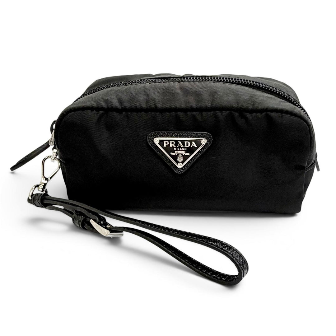 極美品△PRADA プラダ 1NS175 ヴェラ Re-Nylon ミニポーチ スモール 現行品 トライアングルロゴ 三角プレート 化粧ポーチ ブラック 伊製