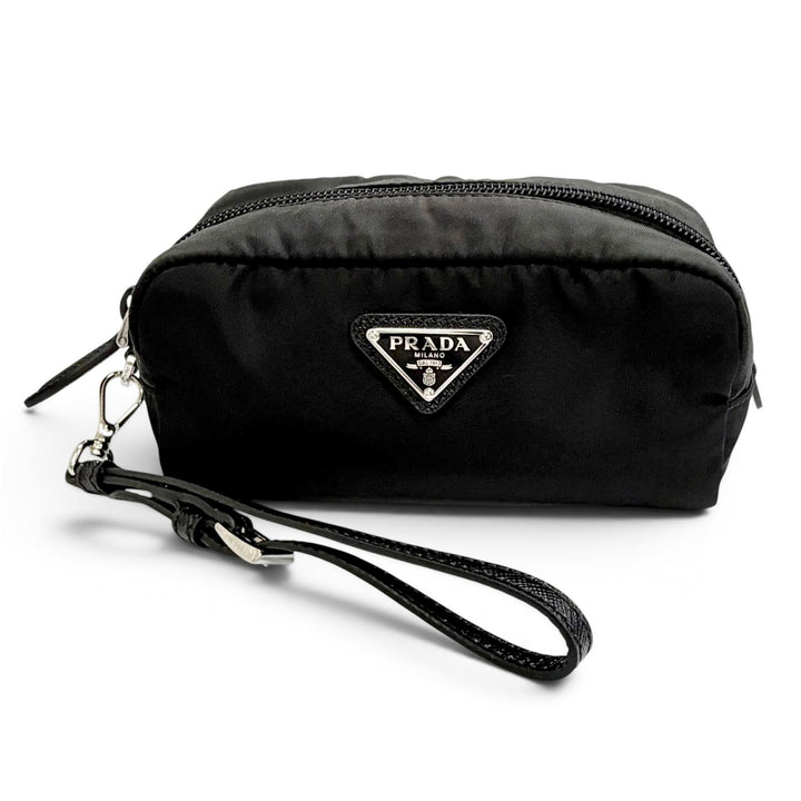 極美品△PRADA プラダ 1NS175 ヴェラ Re-Nylon ミニポーチ スモール 現行品 トライアングルロゴ 三角プレート 化粧ポーチ ブラック 伊製