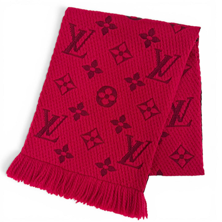美品△LOUIS VUITTON ルイヴィトン M72432 エシャルプ ロゴマニア ウール シルク ルビー モノグラム フリンジ マフラー 伊製 正規品 箱付