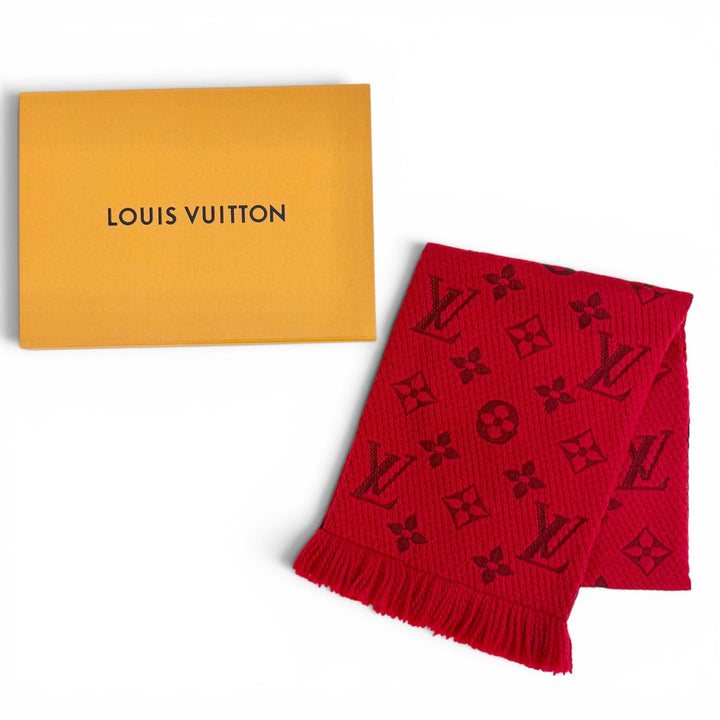 美品△LOUIS VUITTON ルイヴィトン M72432 エシャルプ ロゴマニア ウール シルク ルビー モノグラム フリンジ マフラー 伊製 正規品 箱付