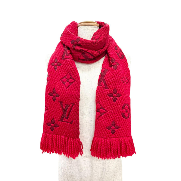 美品△LOUIS VUITTON ルイヴィトン M72432 エシャルプ ロゴマニア ウール シルク ルビー モノグラム フリンジ マフラー 伊製 正規品 箱付