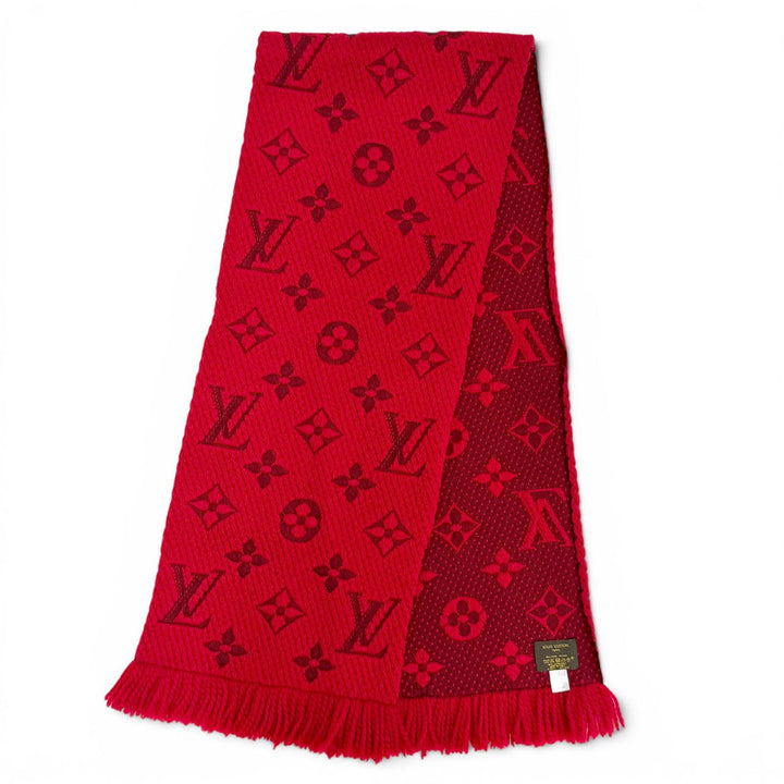 美品△LOUIS VUITTON ルイヴィトン M72432 エシャルプ ロゴマニア ウール シルク ルビー モノグラム フリンジ マフラー 伊製 正規品 箱付