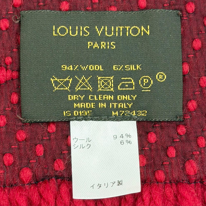 美品△LOUIS VUITTON ルイヴィトン M72432 エシャルプ ロゴマニア ウール シルク ルビー モノグラム フリンジ マフラー 伊製 正規品 箱付
