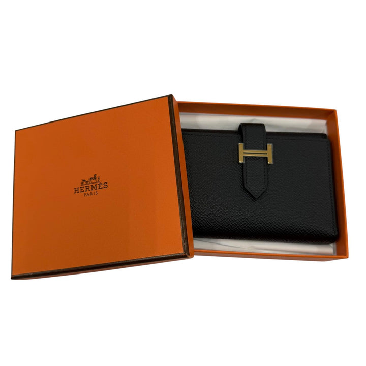 未使用品☆HERMES エルメス ベアン コンビネ コンパクトウォレット ヴォーエプソン ゴールド金具 三つ折り財布 ブラック K刻印 箱付き