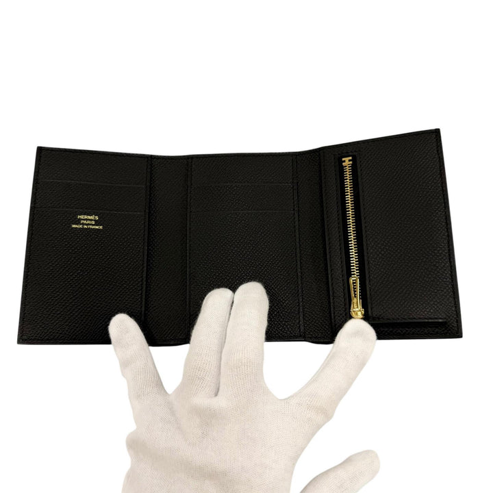 未使用品☆HERMES エルメス ベアン コンビネ コンパクトウォレット ヴォーエプソン ゴールド金具 三つ折り財布 ブラック K刻印 箱付き