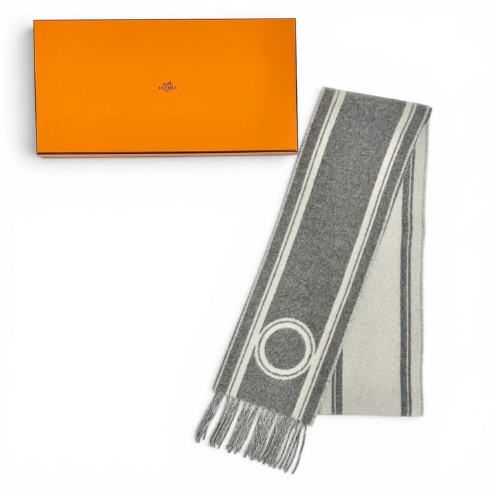 極美品△HERMES エルメス バンド ドゥ レポ カシミヤ グリ フランネル イヴォワール バイカラー フリンジ ロング マフラー イギリス製