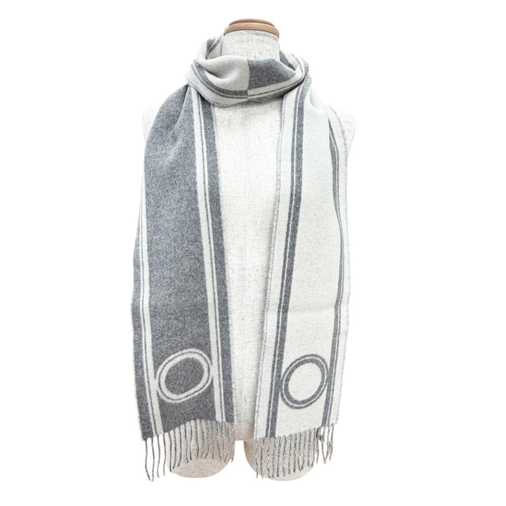 極美品△HERMES エルメス バンド ドゥ レポ カシミヤ グリ フランネル イヴォワール バイカラー フリンジ ロング マフラー イギリス製