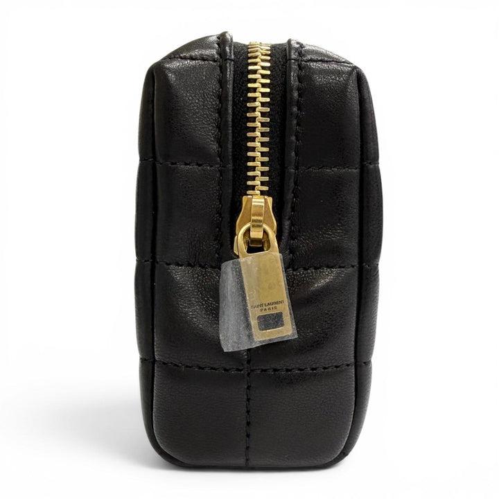 未使用品△SAINT LAURENT PARIS サンローランパリ 778102 カサンドラ ロゴ スクエア レザー キルティング ポーチ ブラック 箱・保存袋付
