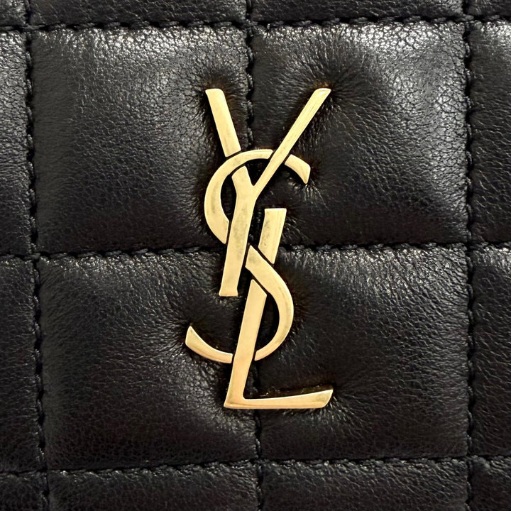 未使用品△SAINT LAURENT PARIS サンローランパリ 778102 カサンドラ ロゴ スクエア レザー キルティング ポーチ ブラック 箱・保存袋付